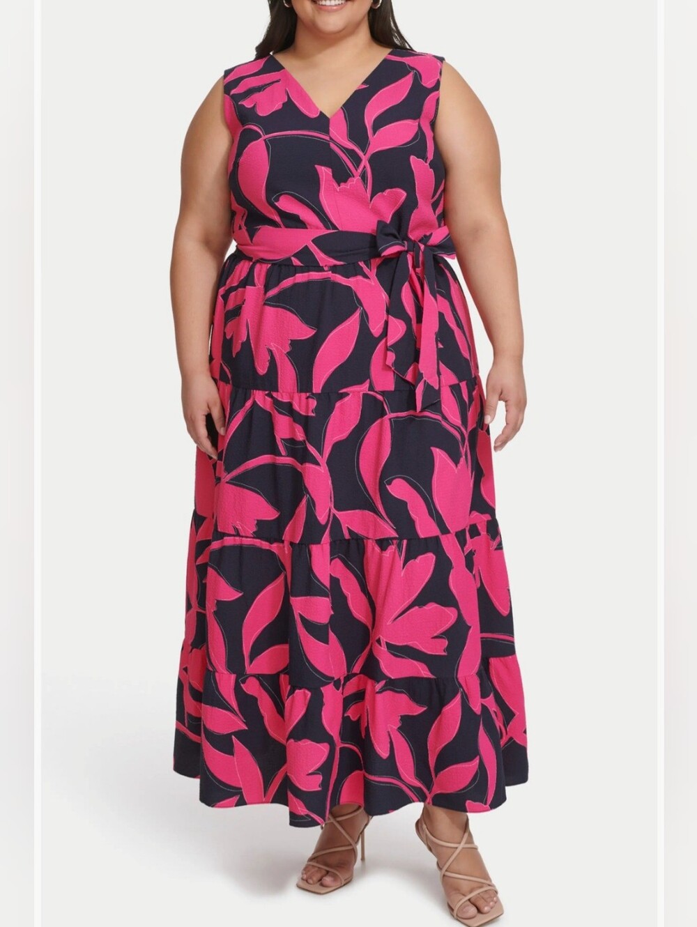 NWT DKNY Navy Blue & Hot Pink Double V-Neck Sleeveless Dress size 22W